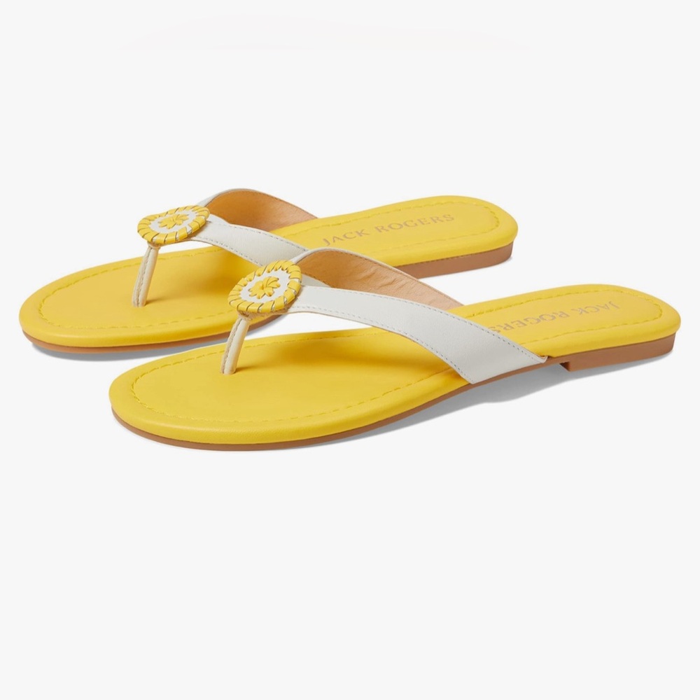 Jack Rogers Yellow and White Leather Daisy Thong Sandals